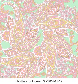 Floral seamless pattern with paisley ornament. Vector illustration in asian textile style 