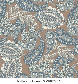 Floral seamless pattern with paisley ornament. Vector illustration in asian textile style 