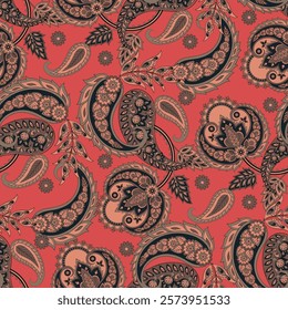 Floral seamless pattern with paisley ornament. Vector illustration in asian textile style 