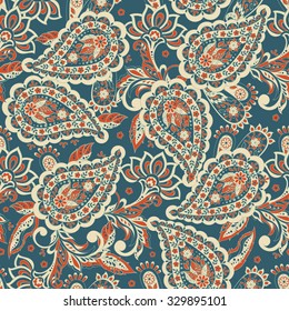 Floral seamless pattern with paisley ornament. Vector illustration in asian textile style