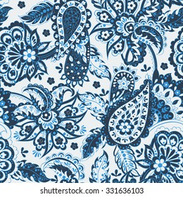 Floral seamless pattern with paisley ornament. Vector illustration in asian textile style