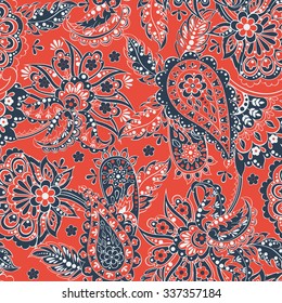 Floral seamless pattern with paisley ornament. Vector illustration in asian textile style