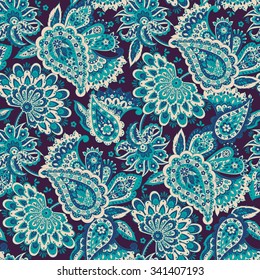 Floral seamless pattern with paisley ornament. Vector illustration in asian textile style