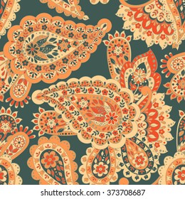 Floral seamless pattern with paisley ornament. Vector illustration in asian textile style