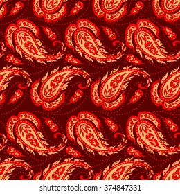 Floral seamless pattern with paisley ornament. Vector illustration in asian textile style