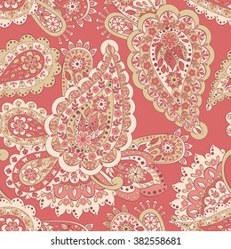 Floral seamless pattern with paisley ornament. Vector illustration in asian textile style
