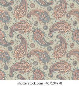 Floral seamless pattern with paisley ornament. Vector illustration in Asian textile style