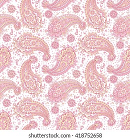 Floral seamless pattern with paisley ornament. Vector illustration in Asian textile style