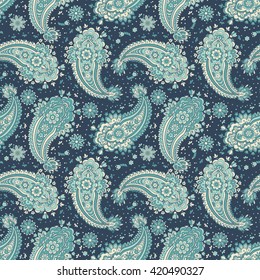 Floral seamless pattern with paisley ornament. Vector illustration in Asian textile style