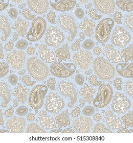 Floral seamless pattern with paisley ornament. Vector illustration in Asian textile style