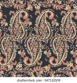 Floral seamless pattern with paisley ornament. Vector illustration in Asian textile style
