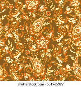 Floral seamless pattern with paisley ornament. Vector illustration in Asian textile style