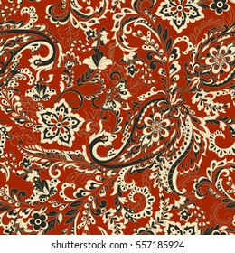 Floral seamless pattern with paisley ornament. Vector illustration in Asian textile style