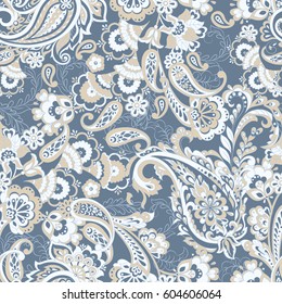 Floral seamless pattern with paisley ornament. Vector illustration in asian textile style