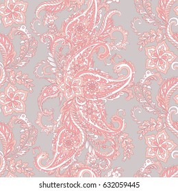 Floral seamless pattern with paisley ornament. Vector illustration in asian textile style