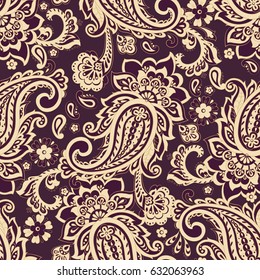 Floral seamless pattern with paisley ornament. Vector illustration in asian textile style