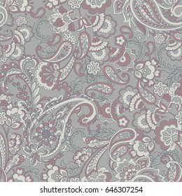 Floral seamless pattern with paisley ornament. Vector illustration in asian textile style