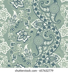 Floral seamless pattern with paisley ornament. Vector illustration in asian textile style