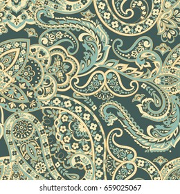 Floral seamless pattern with paisley ornament. Vector illustration in asian textile style 