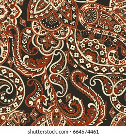 Floral seamless pattern with paisley ornament. Vector illustration in asian textile style 