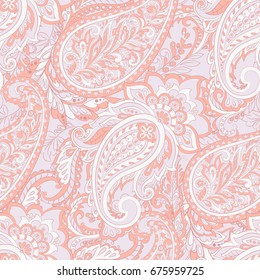 Floral seamless pattern with paisley ornament. Vector illustration in asian textile style