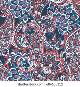 Floral seamless pattern with paisley ornament. Vector illustration in asian textile style