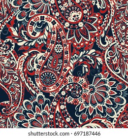 Floral seamless pattern with paisley ornament. Vector illustration in asian textile style