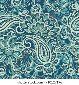 Floral seamless pattern with paisley ornament. Illustration in asian textile style