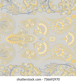 Floral seamless pattern with paisley ornament. Vector illustration in asian textile style 