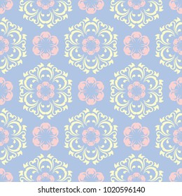 Floral seamless pattern. Pale blue background with beige and pink flower elements for wallpapers, textile and fabrics
