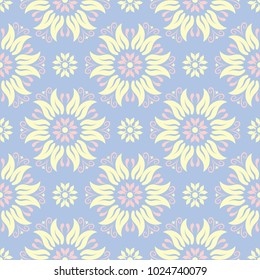 Floral seamless pattern. Pale blue background with beige and pink flower elements for wallpapers, textile and fabrics