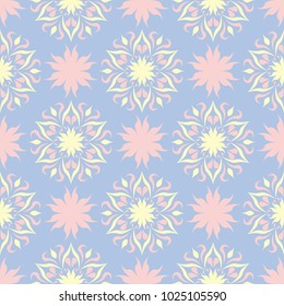 Floral seamless pattern. Pale blue background with beige and pink flower elements for wallpapers, textile and fabrics