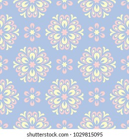 Floral seamless pattern. Pale blue background with beige and pink flower elements for wallpapers, textile and fabrics