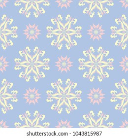 Floral seamless pattern. Pale blue background with beige and pink flower elements for wallpapers, textile and fabrics