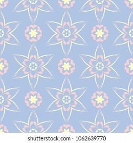 Floral seamless pattern. Pale blue background with beige and pink flower elements for wallpapers, textile and fabrics