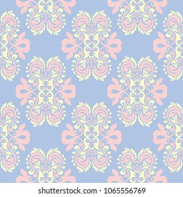 Floral seamless pattern. Pale blue background with beige and pink flower elements for wallpapers, textile and fabrics