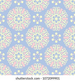 Floral seamless pattern. Pale blue background with beige and pink flower elements for wallpapers, textile and fabrics