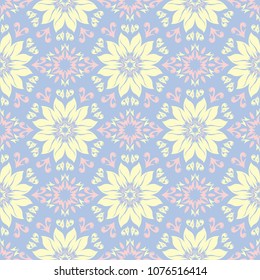Floral seamless pattern. Pale blue background with beige and pink flower elements for wallpapers, textile and fabrics
