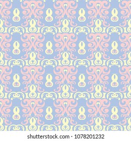 Floral seamless pattern. Pale blue background with beige and pink flower elements for wallpapers, textile and fabrics