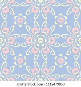 Floral seamless pattern. Pale blue background with beige and pink flower elements for wallpapers, textile and fabrics