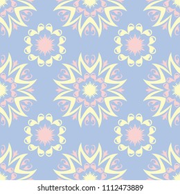 Floral seamless pattern. Pale blue background with beige and pink flower elements for wallpapers, textile and fabrics