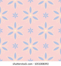Floral seamless pattern. Pale pink background with light blue and yellow flower elements for wallpapers, textile and fabrics