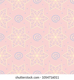 Floral seamless pattern. Pale pink background with light blue and yellow flower elements for wallpapers, textile and fabrics
