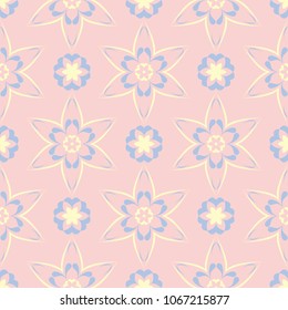 Floral seamless pattern. Pale pink background with light blue and yellow flower elements for wallpapers, textile and fabrics
