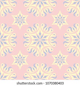 Floral seamless pattern. Pale pink background with light blue and yellow flower elements for wallpapers, textile and fabrics