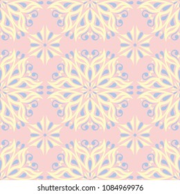 Floral seamless pattern. Pale pink background with light blue and yellow flower elements for wallpapers, textile and fabrics