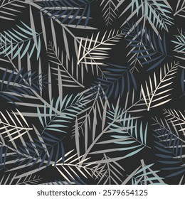 Floral seamless pattern of palm leaves. Foliage surface pattern design of tropical areca palm leaves on dark color background. 