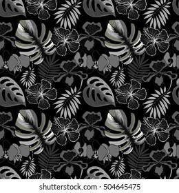 Floral seamless pattern with palm tropical leaves. Exotic black and white background.