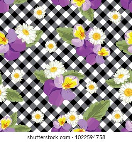 Padrão floral sem emenda. Pansies com camomilas em gingham preto e branco, fundo verificado. Ilustração vetorial.