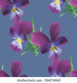 Floral seamless pattern with pansies on blue background, vector illustration.